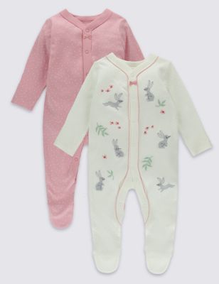 2 Pack Embroidered Bunny Cotton Sleepsuits